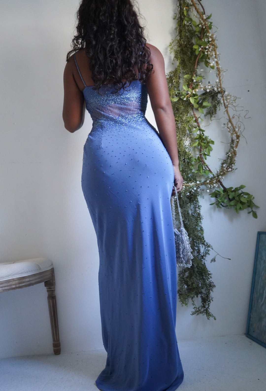 Y2K Deep Cornflower Beaded Illusion Waist Gown