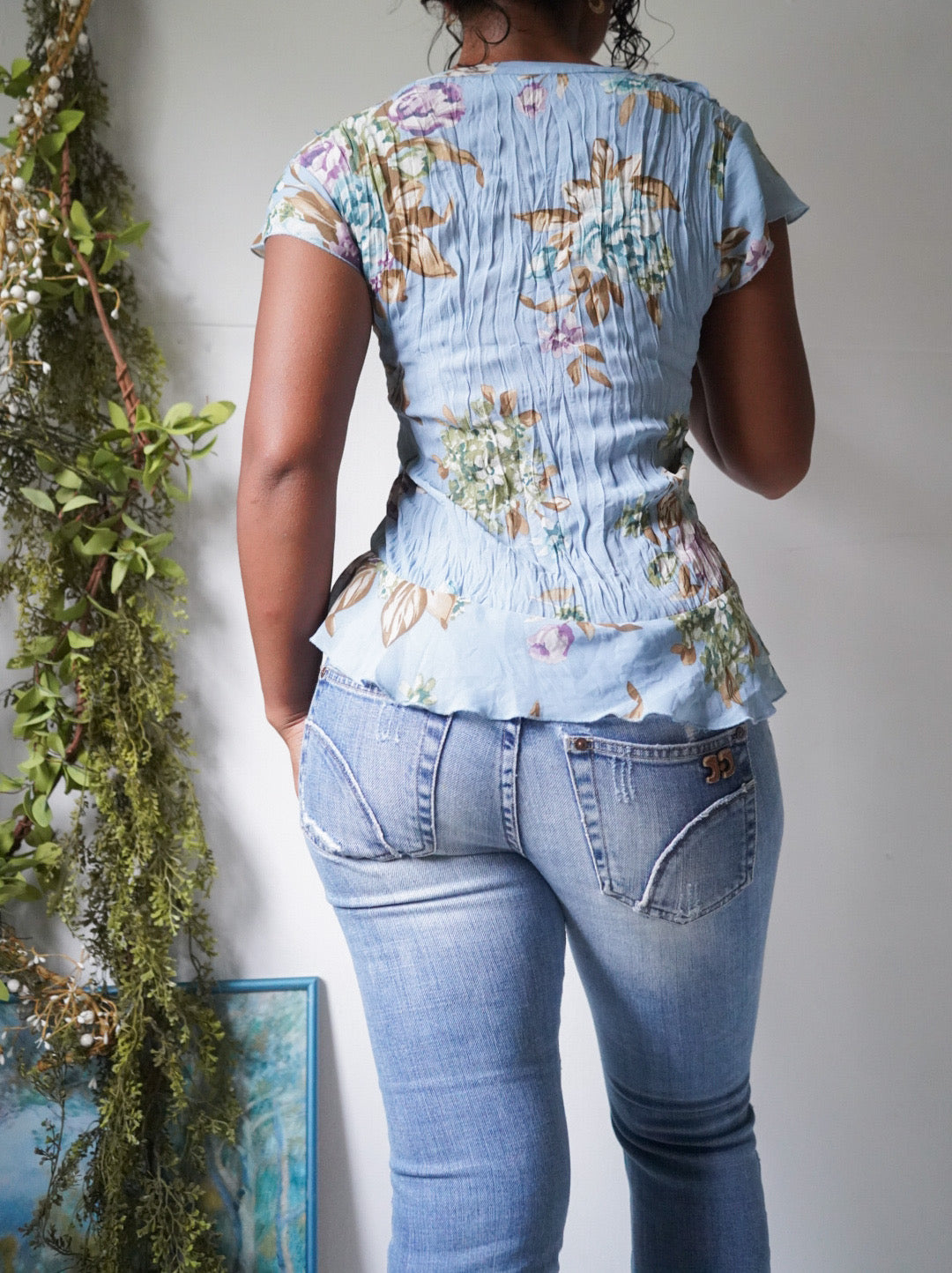 Y2K Romantic Floral Pleat Ruffle Top