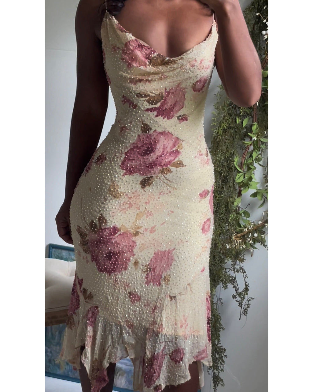Y2K Reworked Romantic Rose Beaded Silk Dress