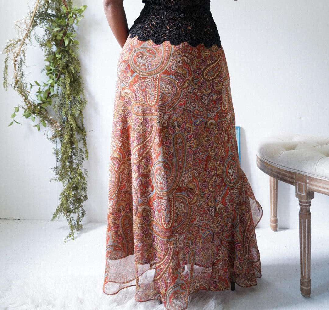 Y2K Boho Paisley Ruffle Maxi Skirt
