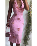 Pink Fully Beaded Silk Halter Midi Dress