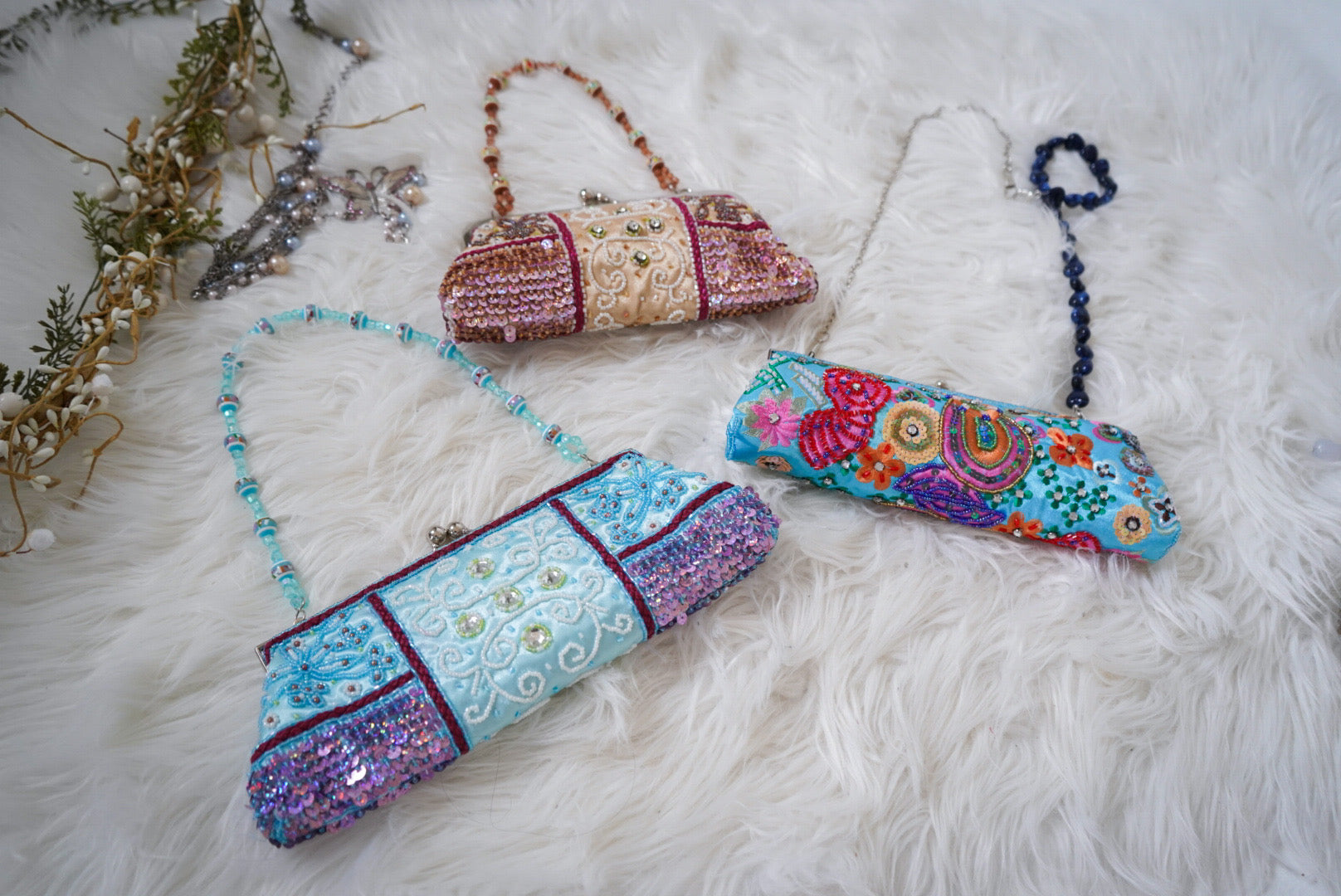 Vintage Turquoise Satin Embroidered and Beaded Purse