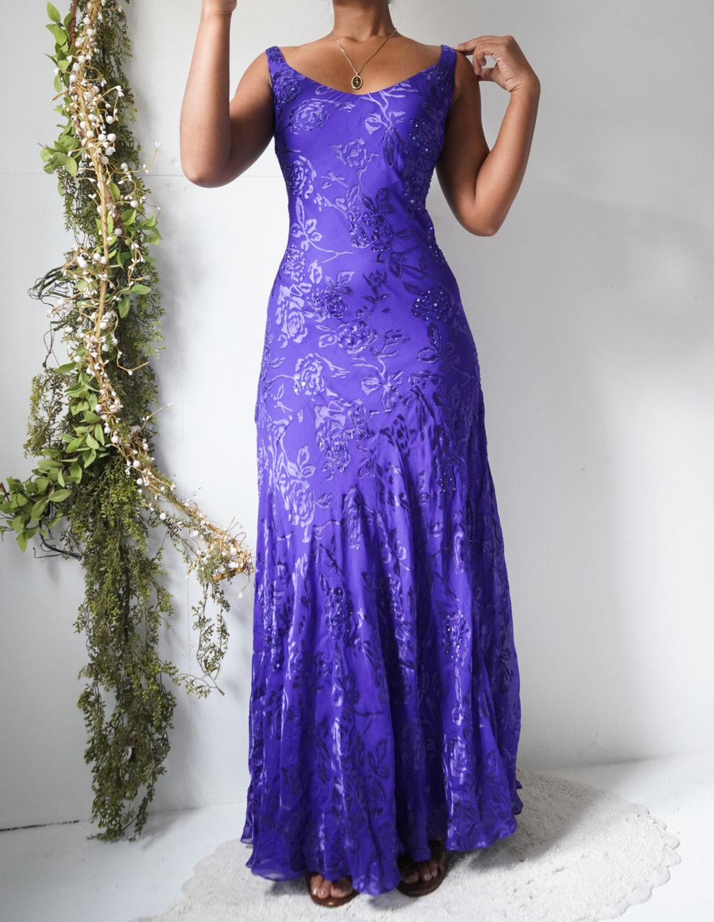 Vintage Y2K Silk Burnout Beaded Dress and Scarf