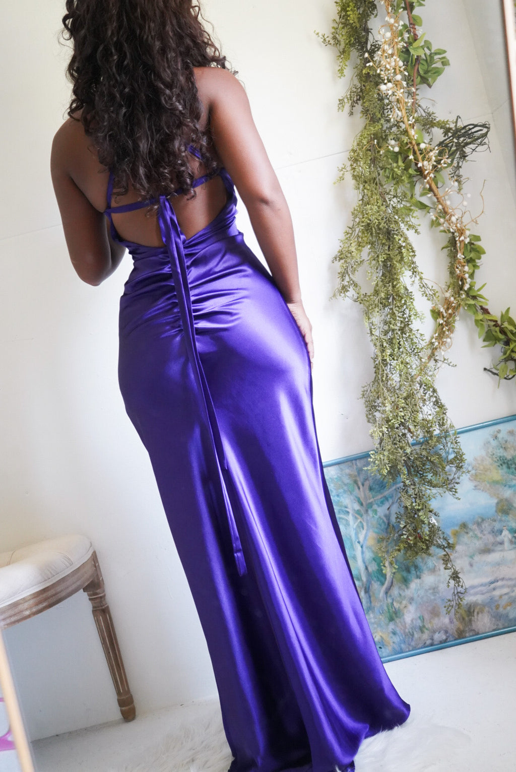 Y2K Purple Satin Low Back Gown
