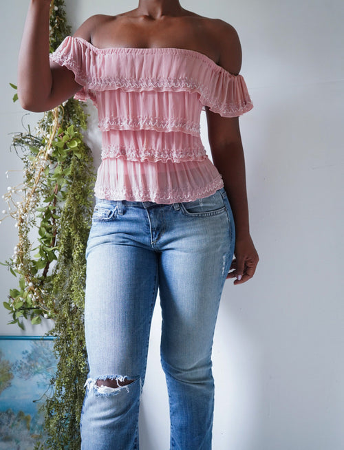 Rare Y2K Pink Silk Ruffle Beaded Top
