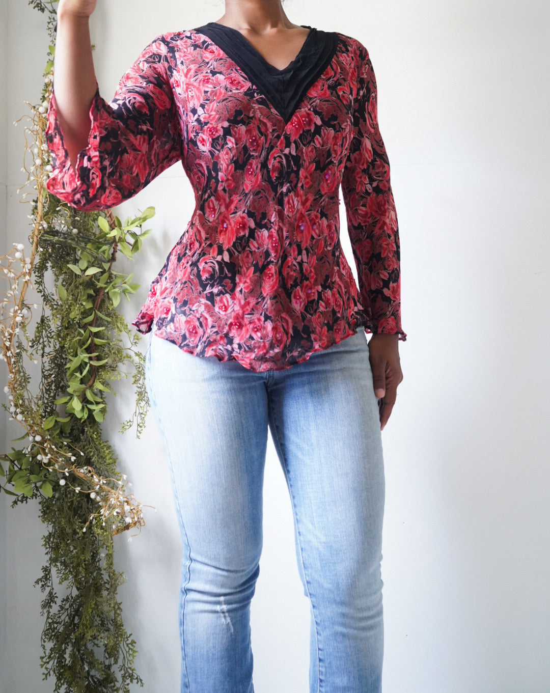 Y2K Beaded Rayon Floral Flare Sleeve Top