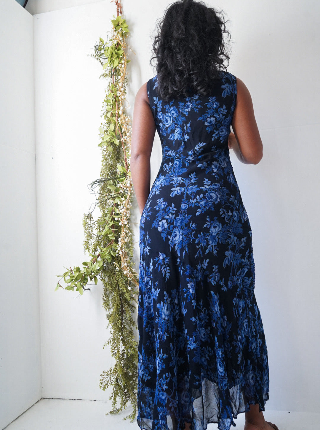 Blue and Black Floral 90’s Beaded Dress