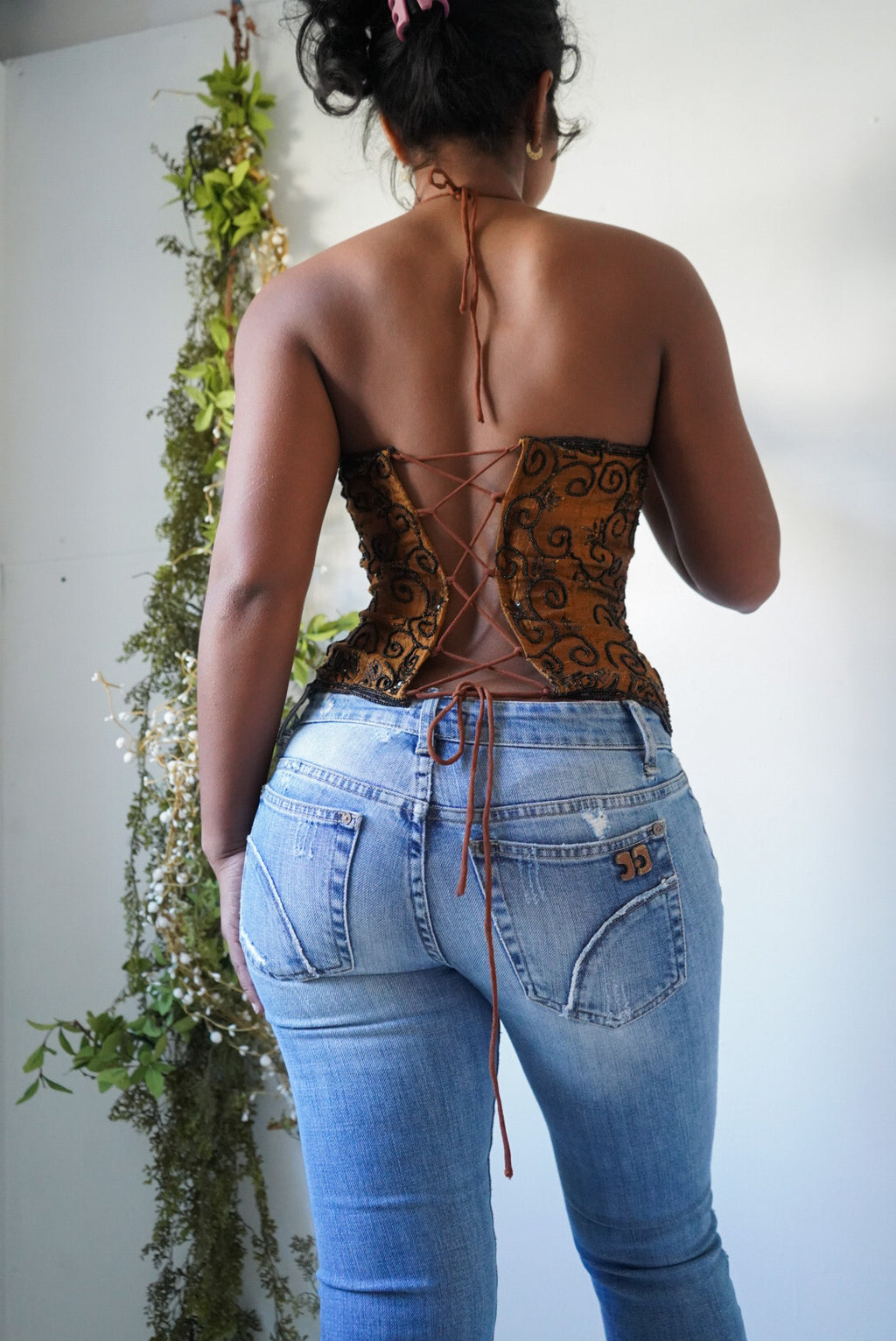 Rare Y2K Bronze Aftershock Beaded Halter Corset Top