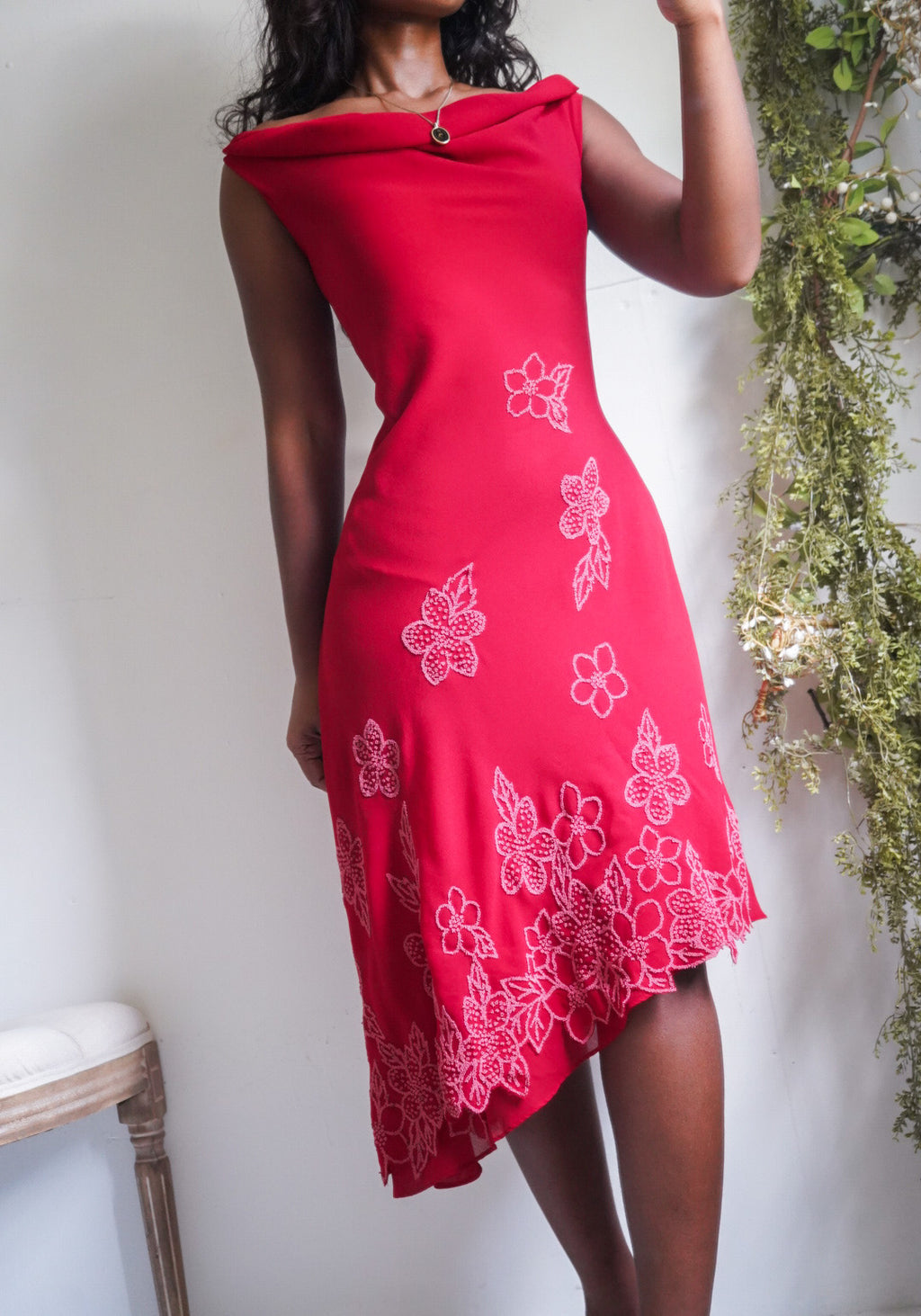 Y2K Red Floral Embellished Hem Dress