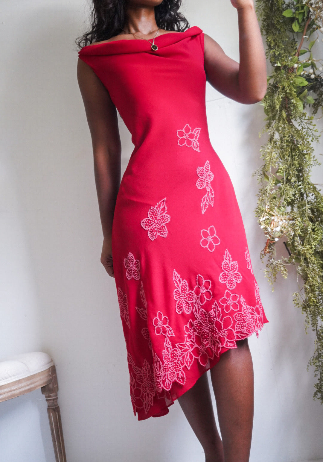Y2K Red Floral Embellished Hem Dress
