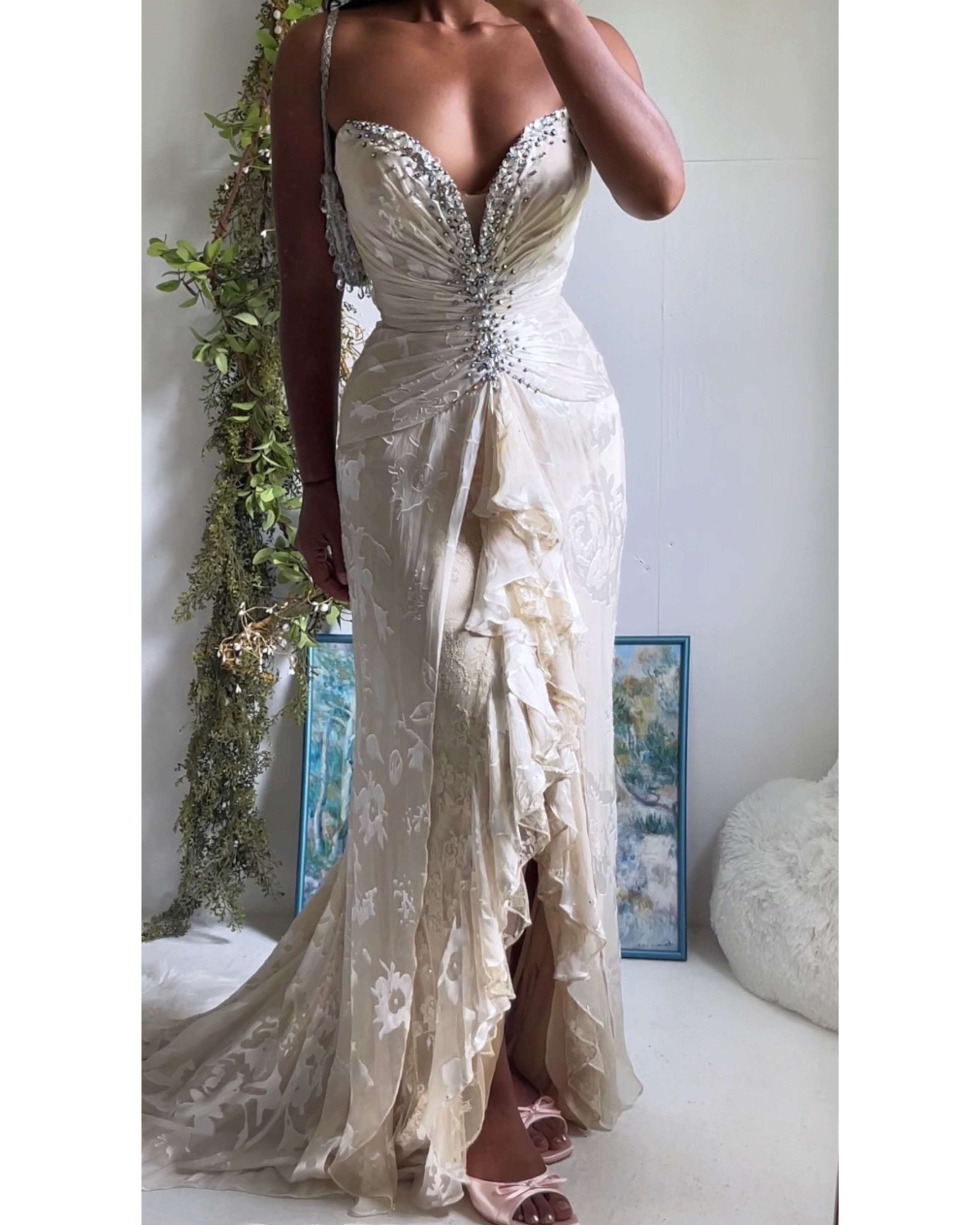 Vintage Y2K Silk Cream Burnout Corset Gown