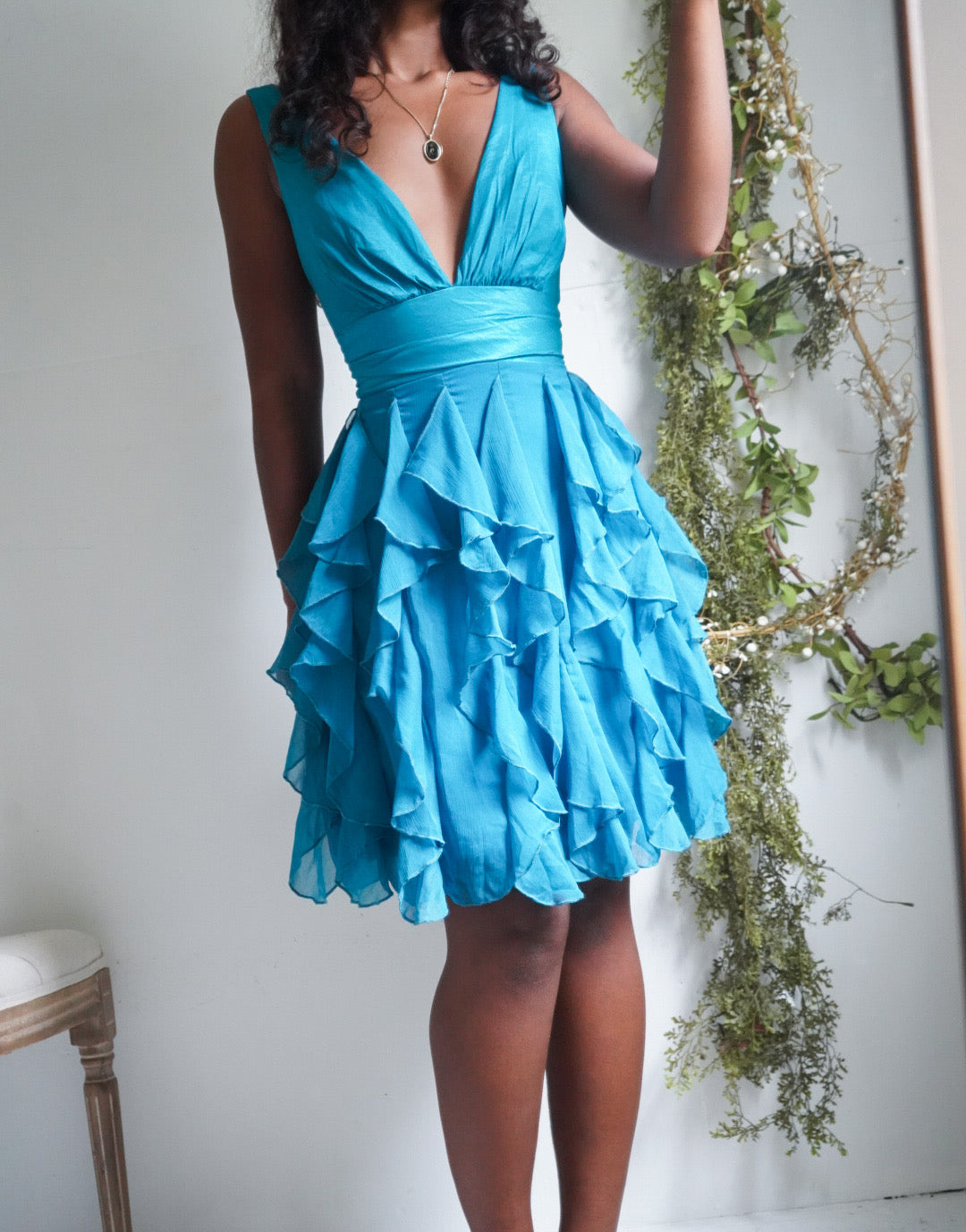 Y2K Turquoise Ruffle Hem Mini Dress
