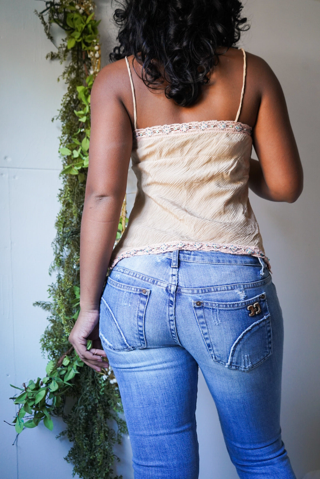 Textured Silk Bead Trim Neckline Y2K Cami