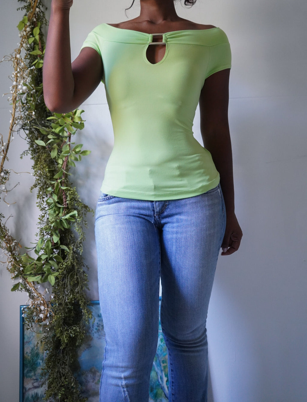 Highlighter Green Buckle Detail Off Shoulder Top