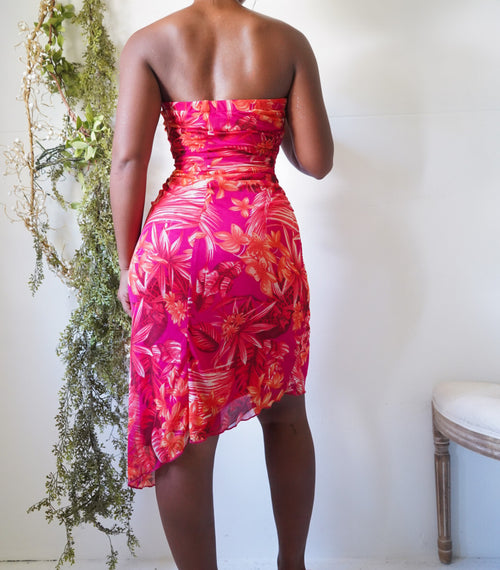 Y2K Bright Tropical Floral Strapless Dress