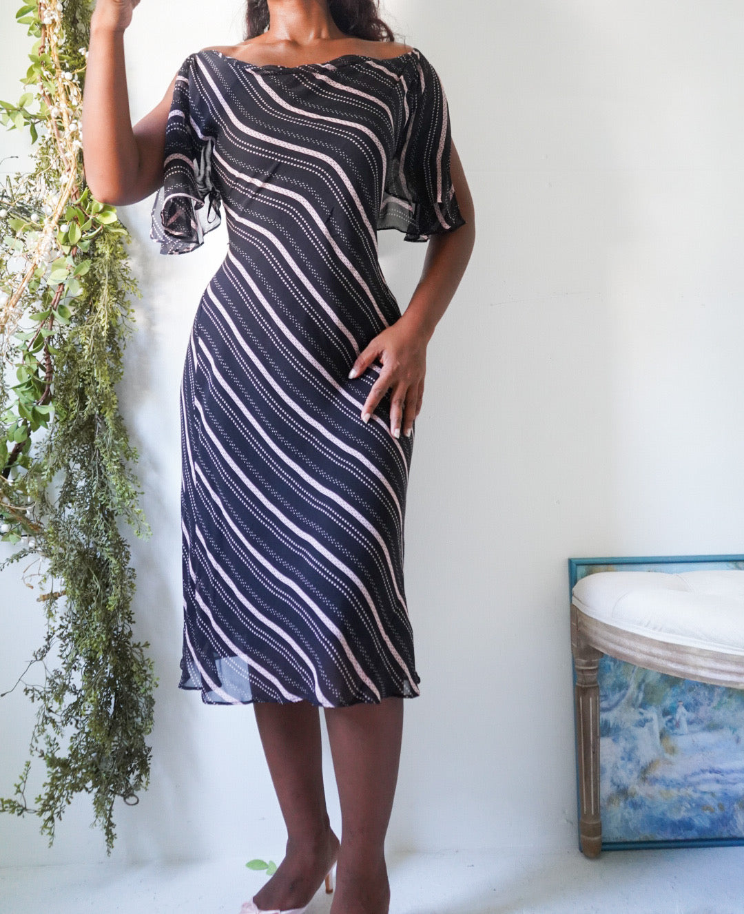 Y2K Silk Cowl Neck Flyaway Sleeve Dress