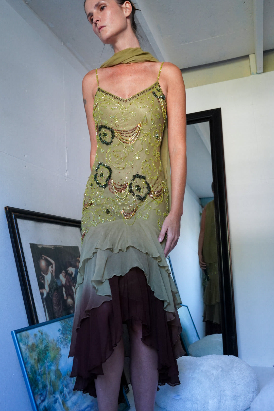 Beaded Silk Forest Fairy Dress with Sash (Pre-Order) xs-1 Beaded Silk Forest Fairy Dress with Sash (Pre-Order) xs-1