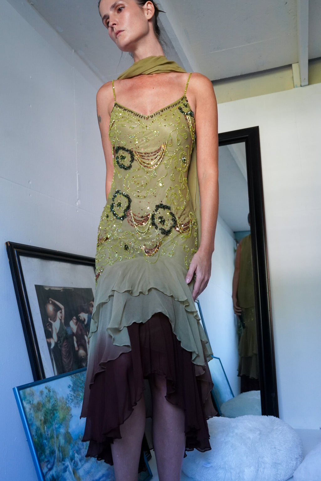 Beaded Silk Forest Fairy Dress with Sash (Pre-Order)