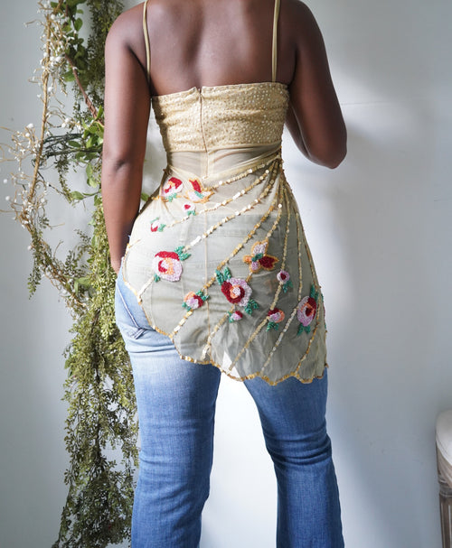 Rare Y2K Gold Sequin Beaded Fairy Top