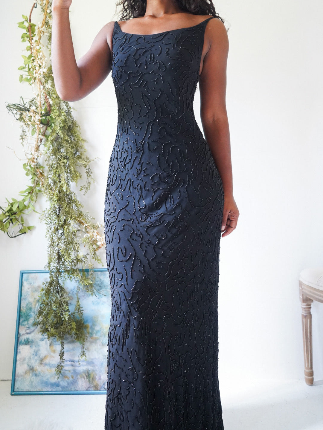 Y2K Silk Fully Beaded Cowl Back Gown