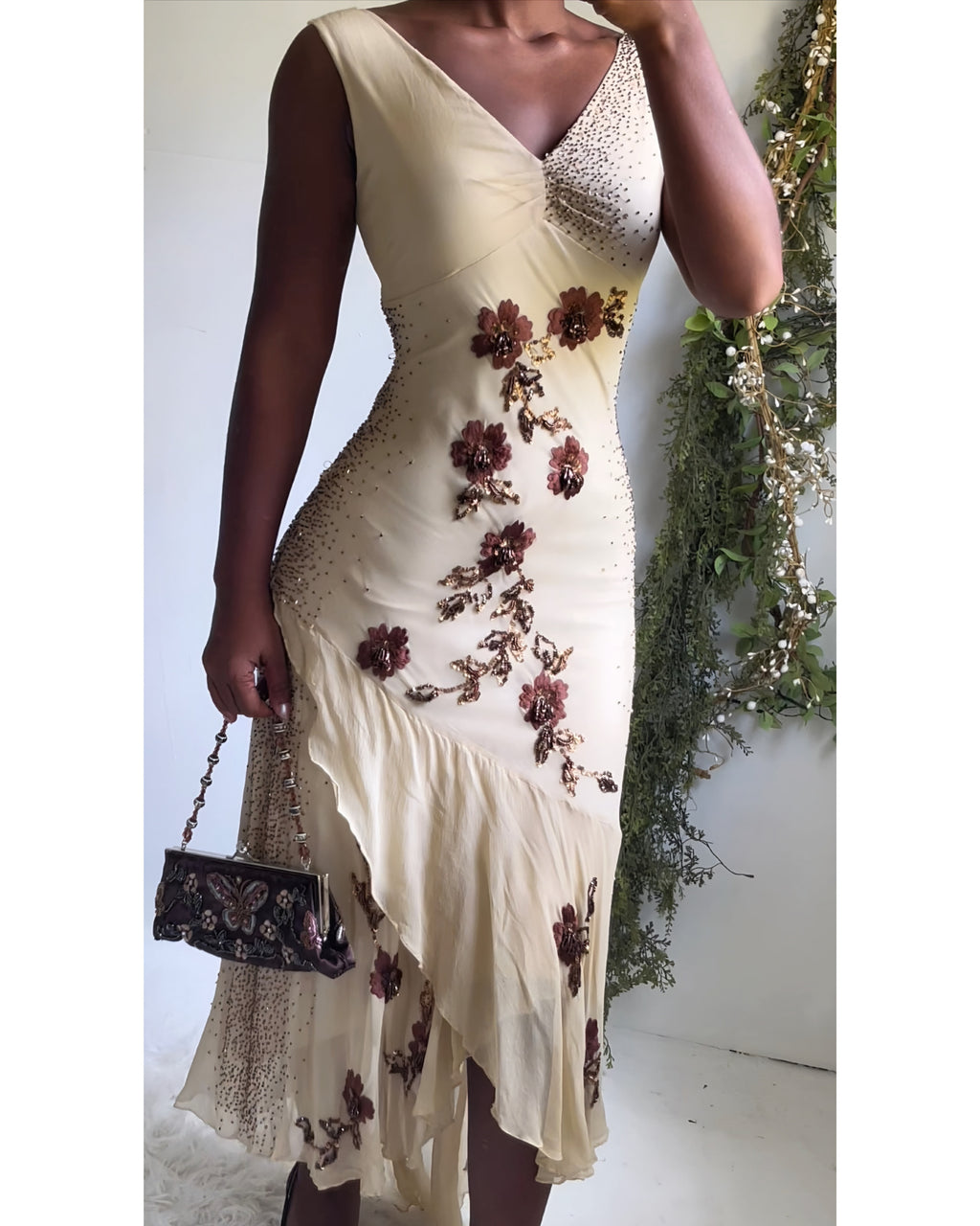 Vintage Y2K Cream and Brown Floral Beaded Dress