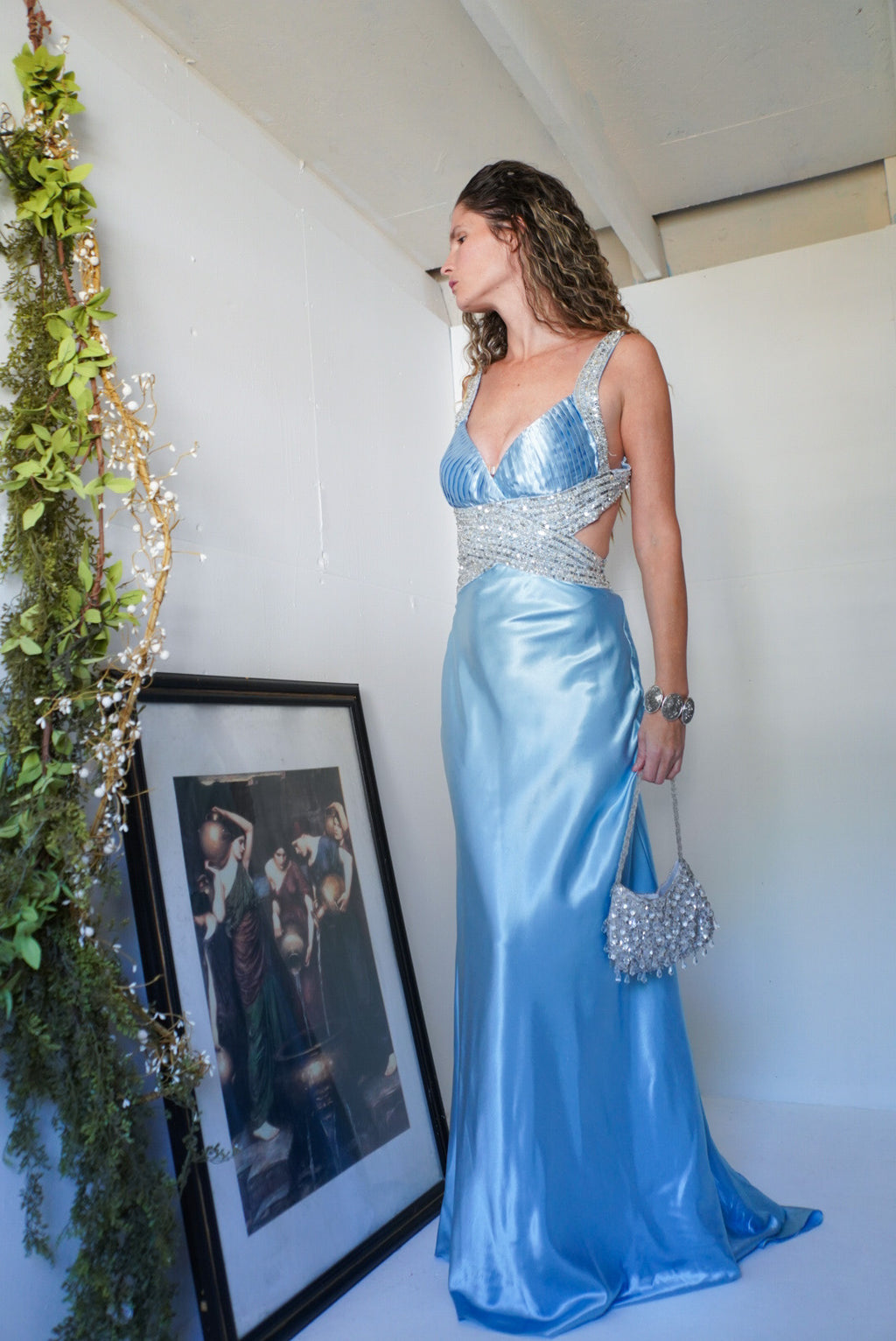 Y2k Icy Blue Satin Backless Gown