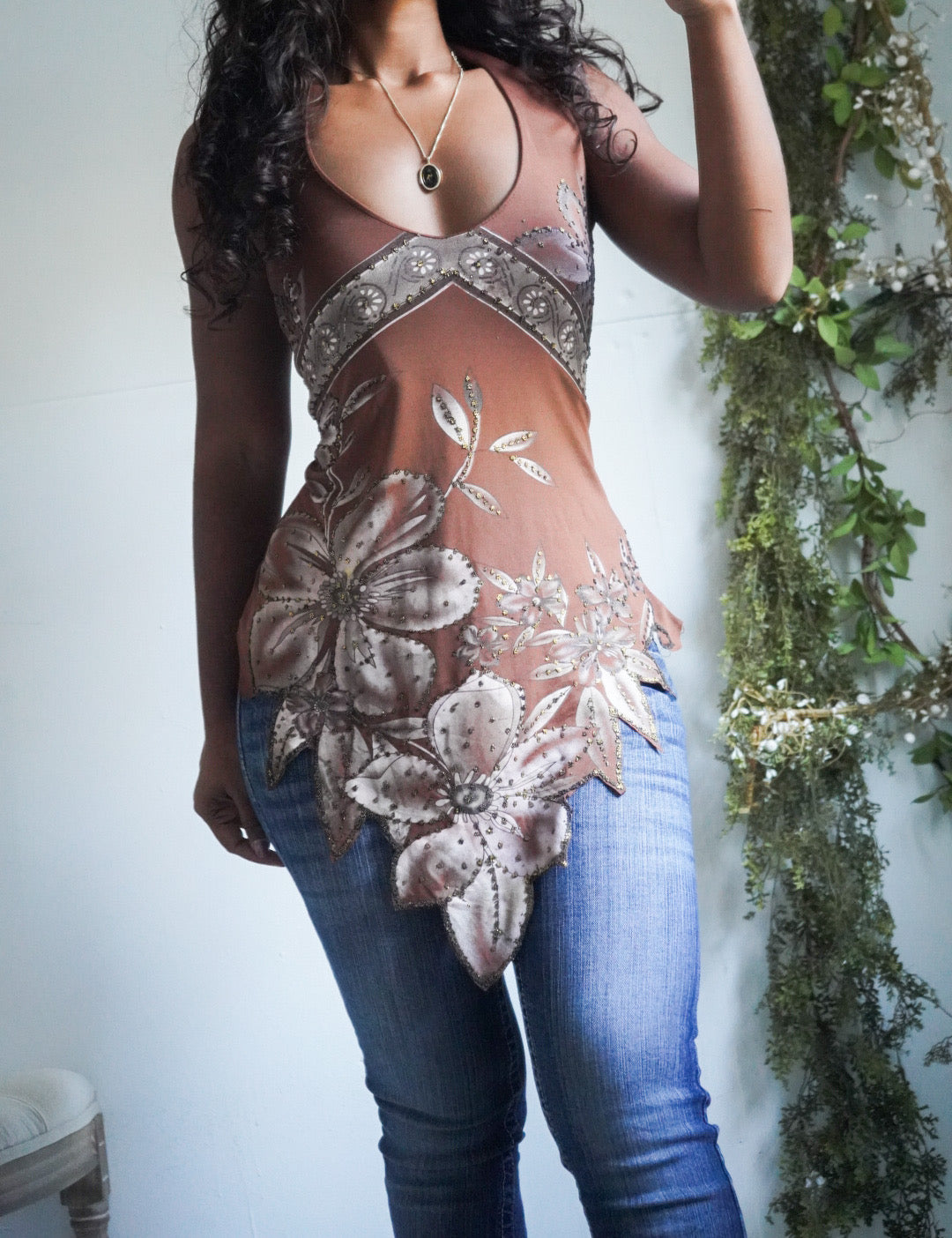 Y2K Floral Printed Hem Halter Top