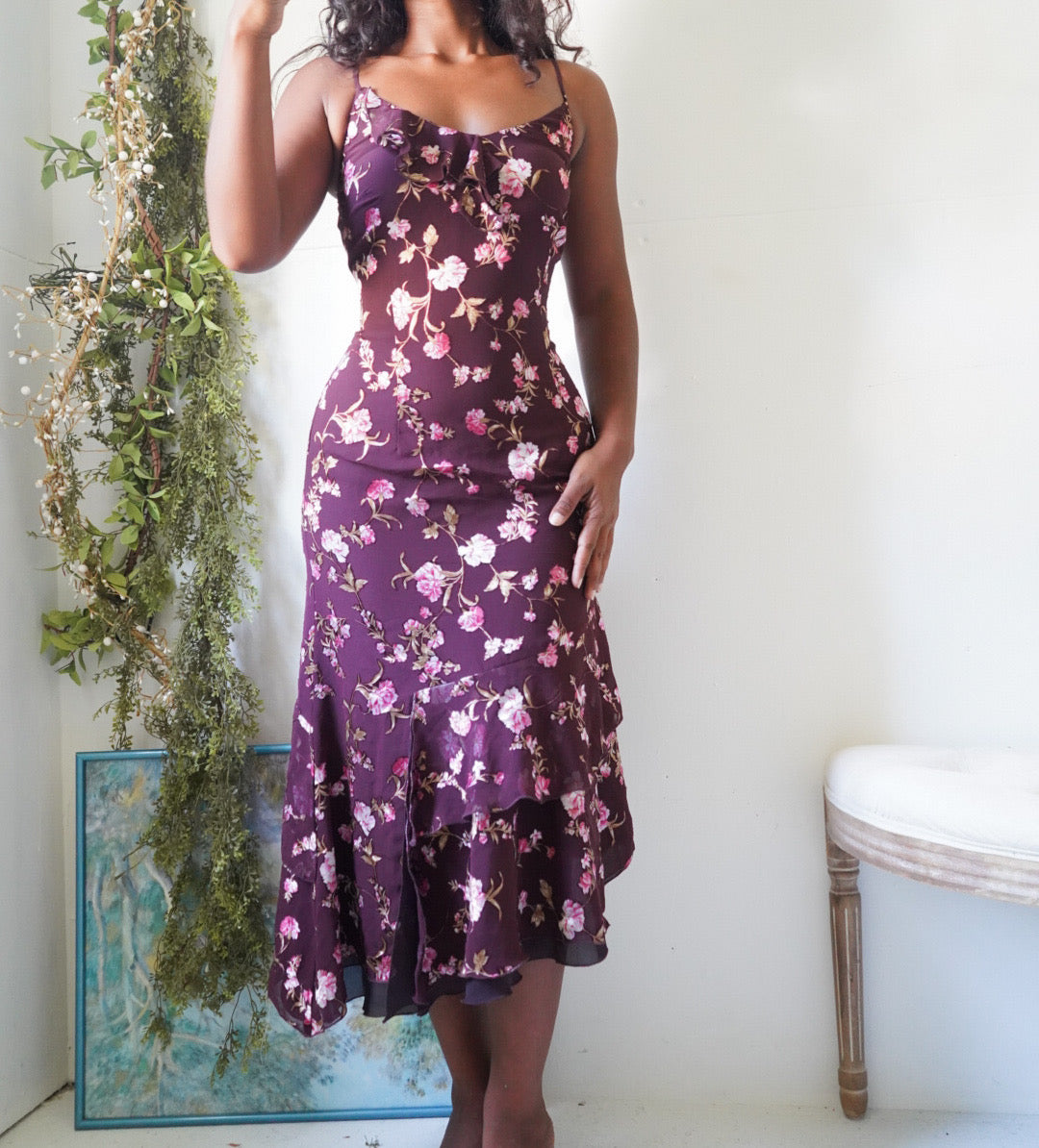 Y2K Wine Burnout Floral Midi Dress