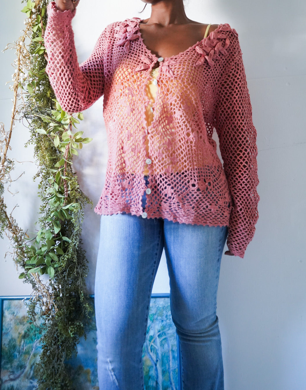 Y2K Salmon Crochet Knit Summer Cardigan