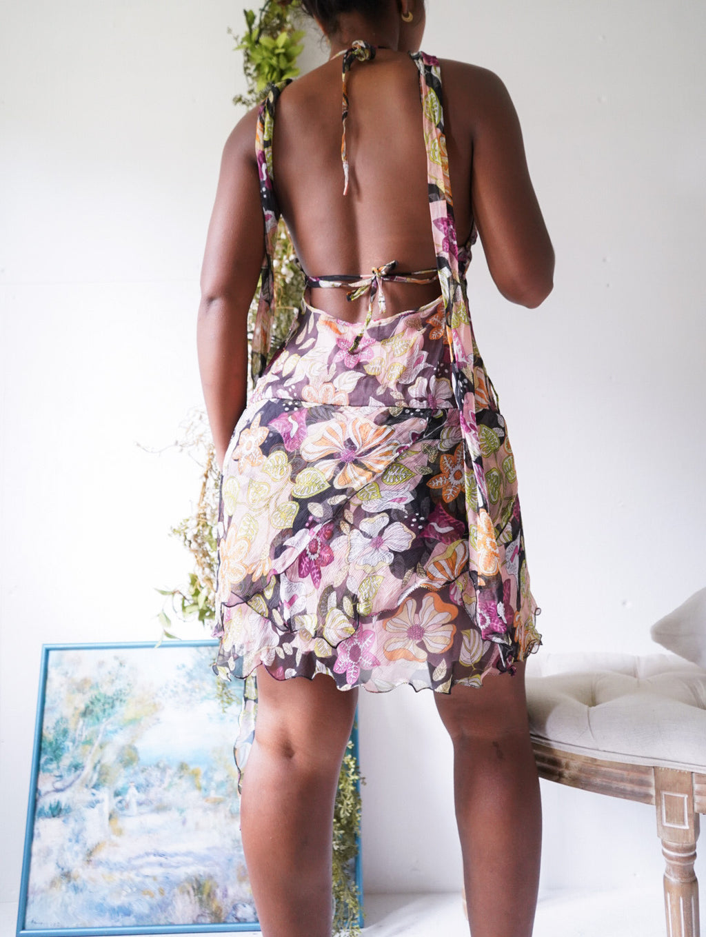 Y2K Silk Chiffon Beaded Halter Mini Dress