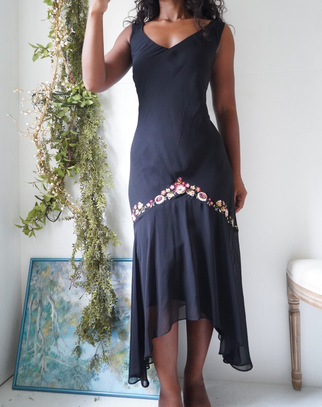 Y2K Floral Detail High Low Hem Black Dress
