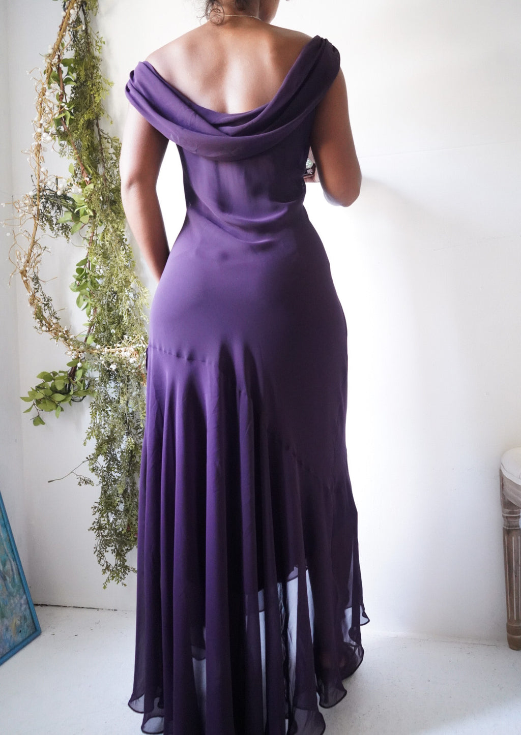 Y2K Eggplant Cowl Neck High Low Dress