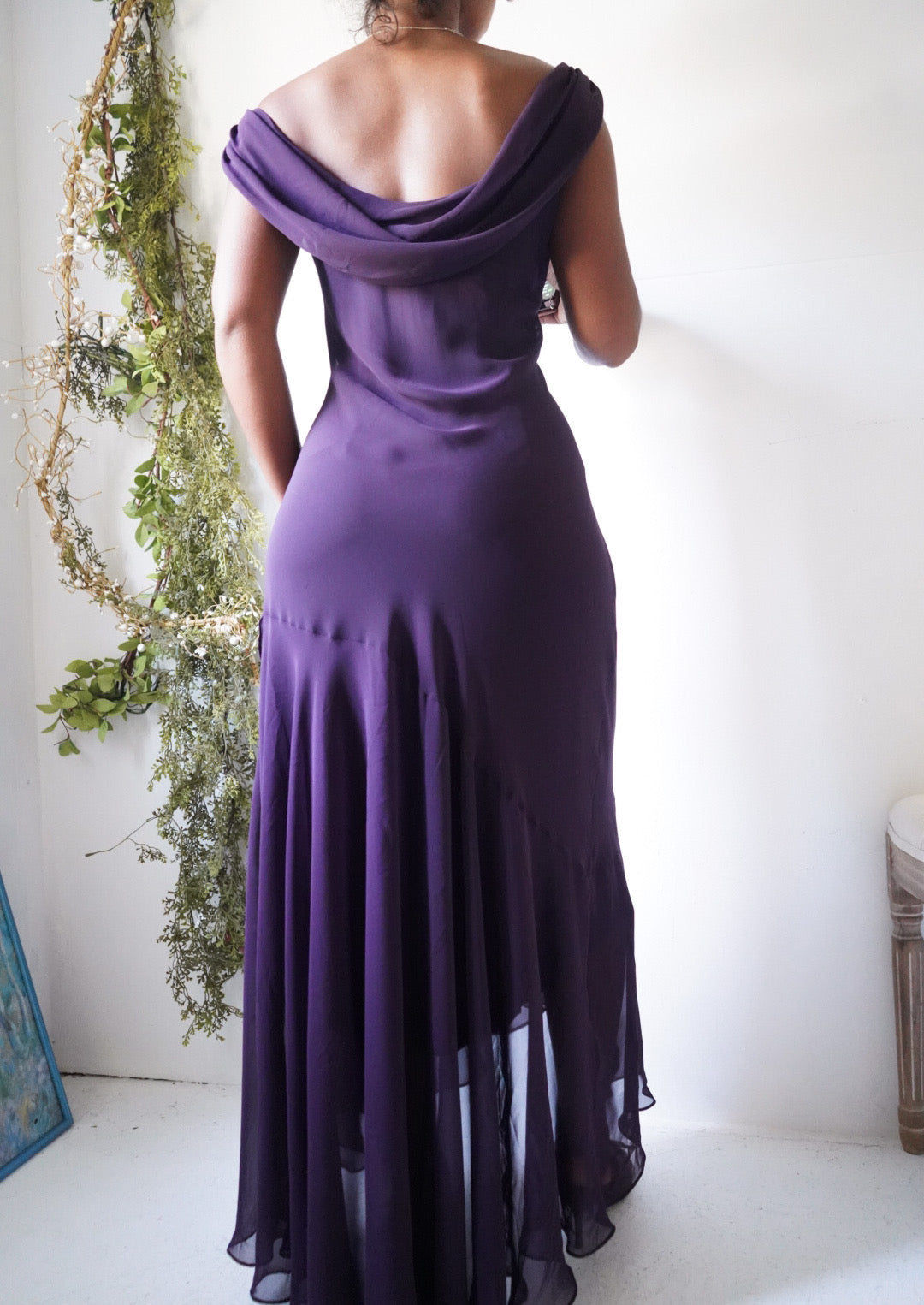 Y2K Eggplant Cowl Neck High Low Dress