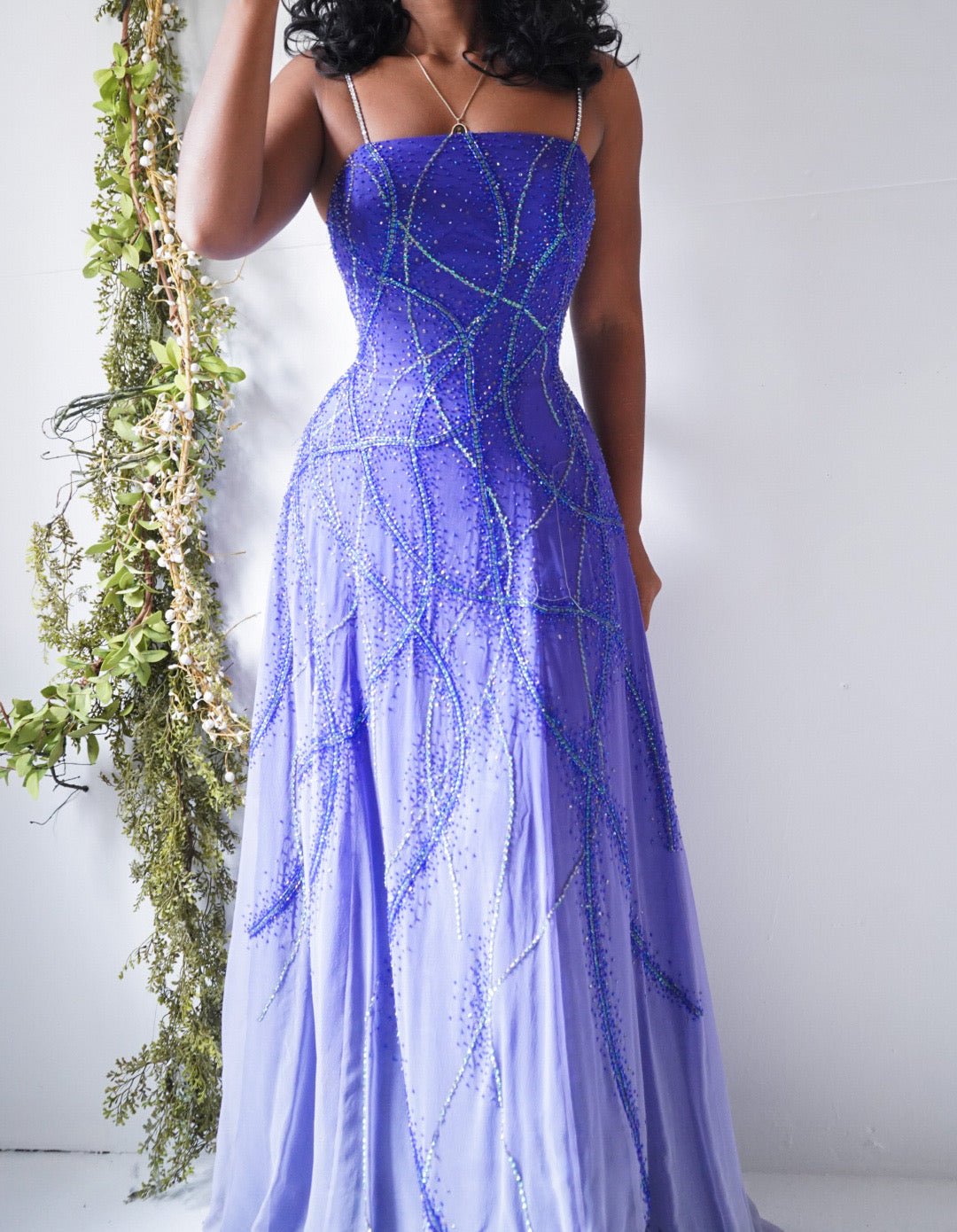 Purple and White Ombre Beaded Vintage Silk Gown
