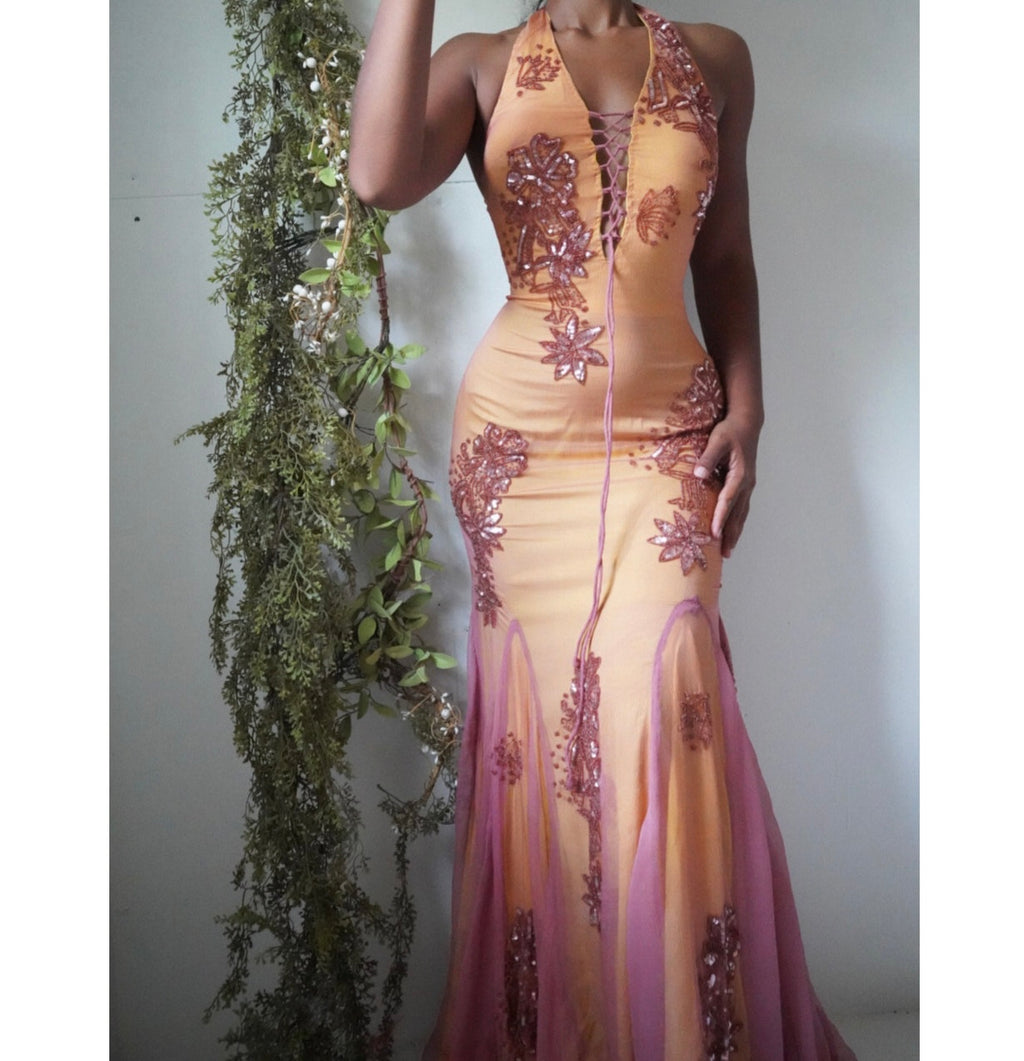 Silk Chiffon Hand Beaded Halter Gown (Pre-Order)