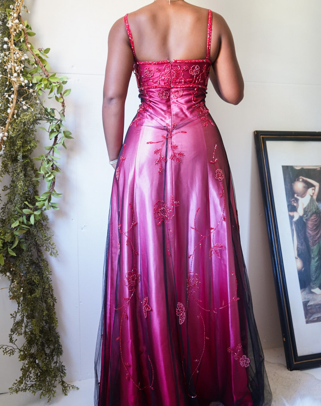 Split Front Red and Black Beaded Formal Dress