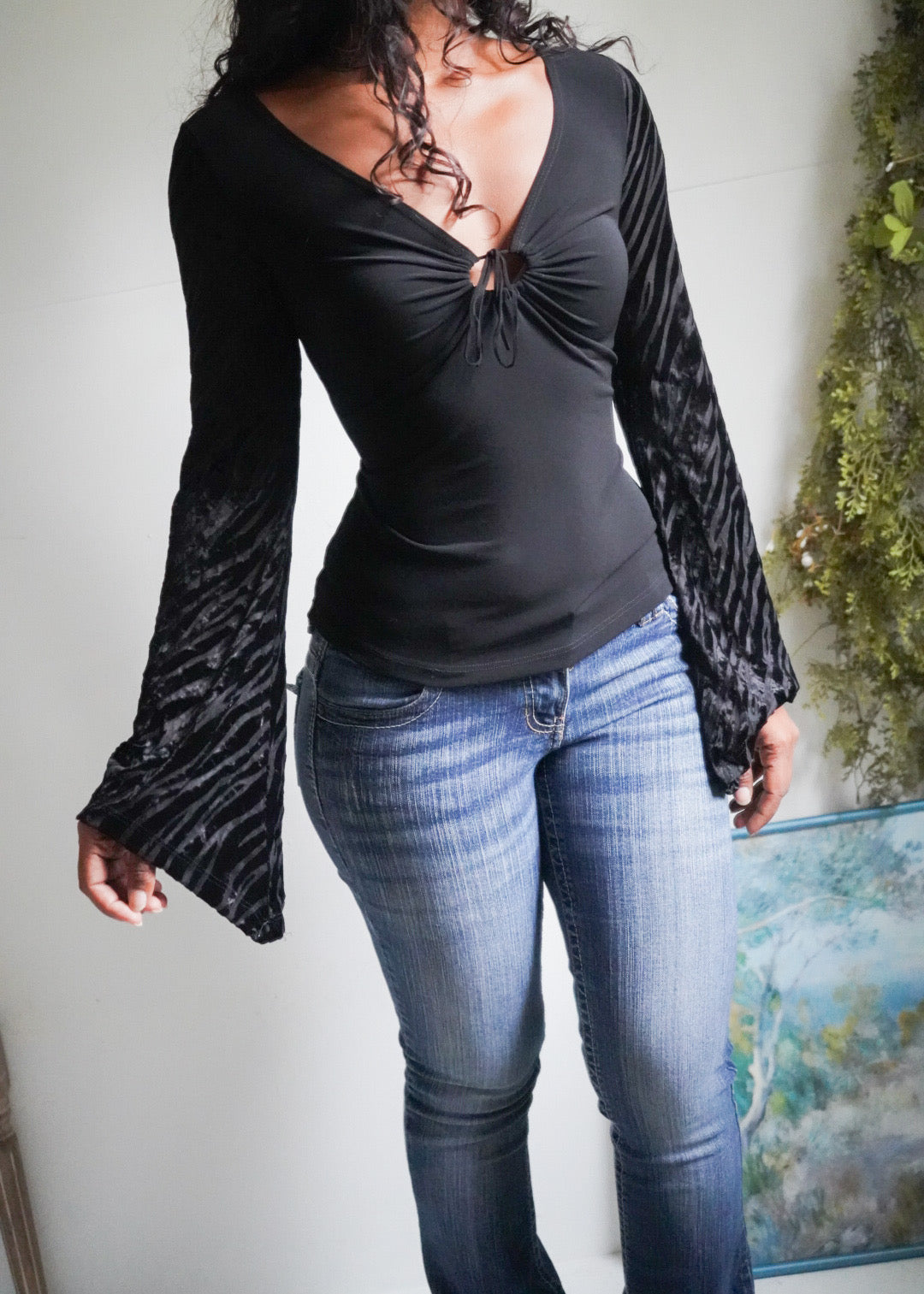Y2K Black Flare Sleeve Keyhole Neckline Top