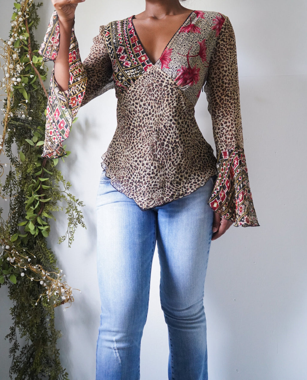 Y2K Silk Animal Patchwork Print Silk Top