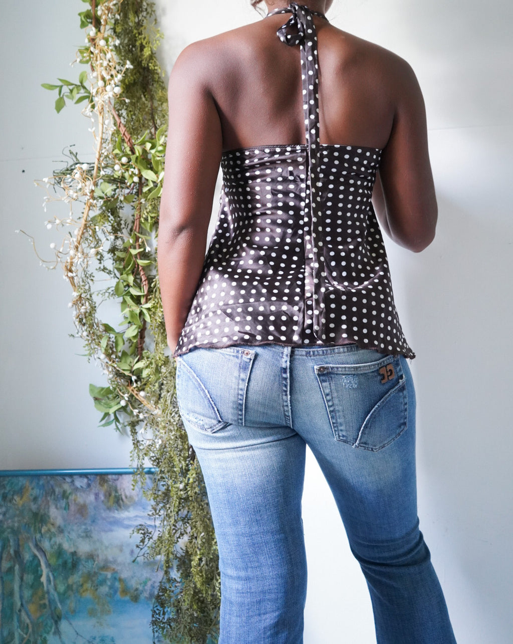 Y2K Brown and White Polka Dot Satin Halter Top