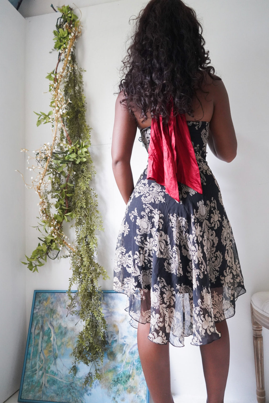 Y2K Black and Cream Paisley Floral Dress With Red Halter Tie
