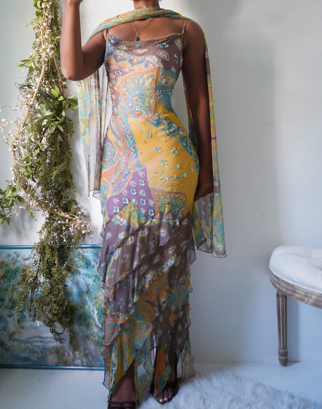 Rare Y2K Boho Paisley Beaded Silk Gown