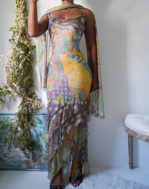 Rare Y2K Boho Paisley Beaded Silk Gown
