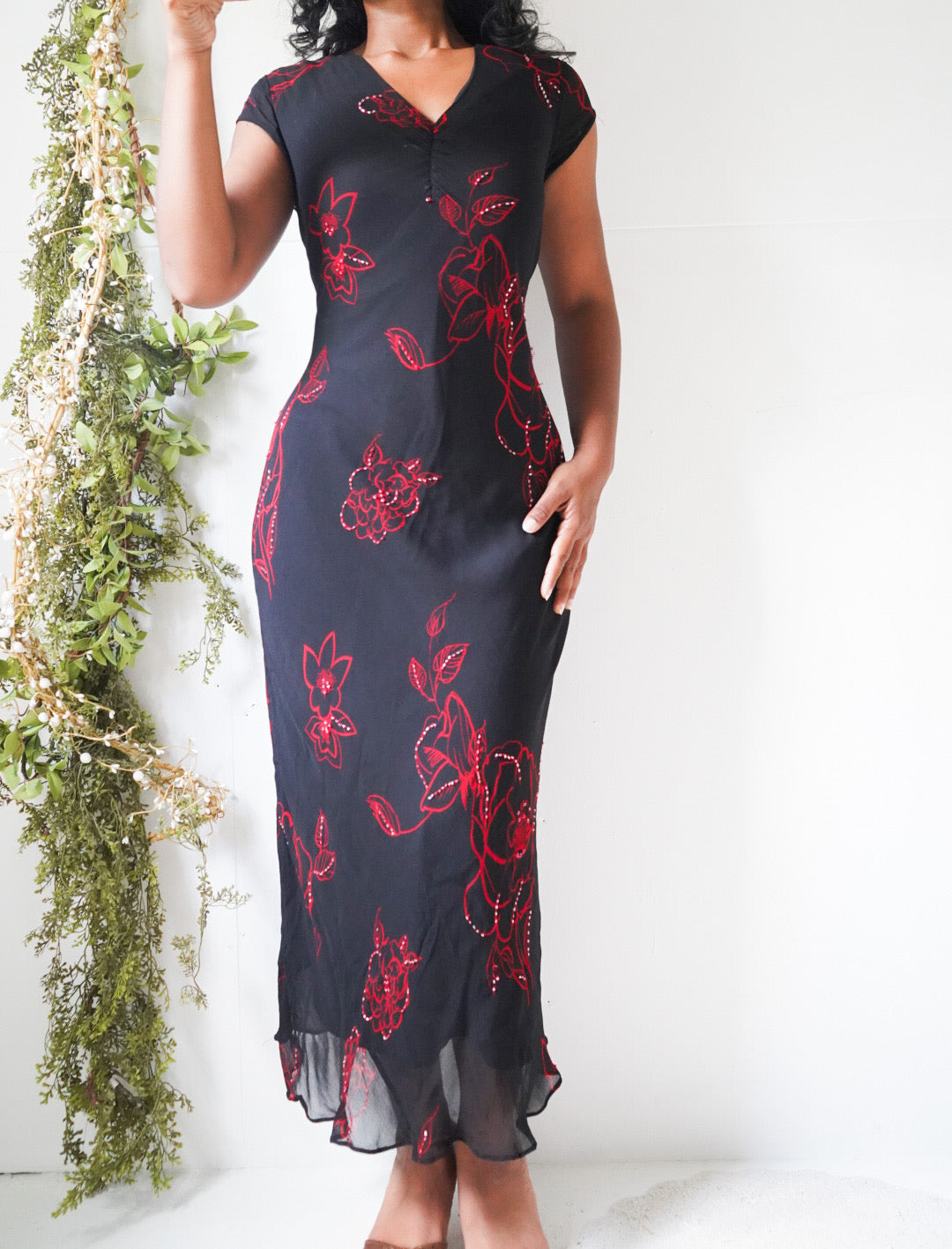 Vintage Y2K Black and Red Floral Maxi Dress