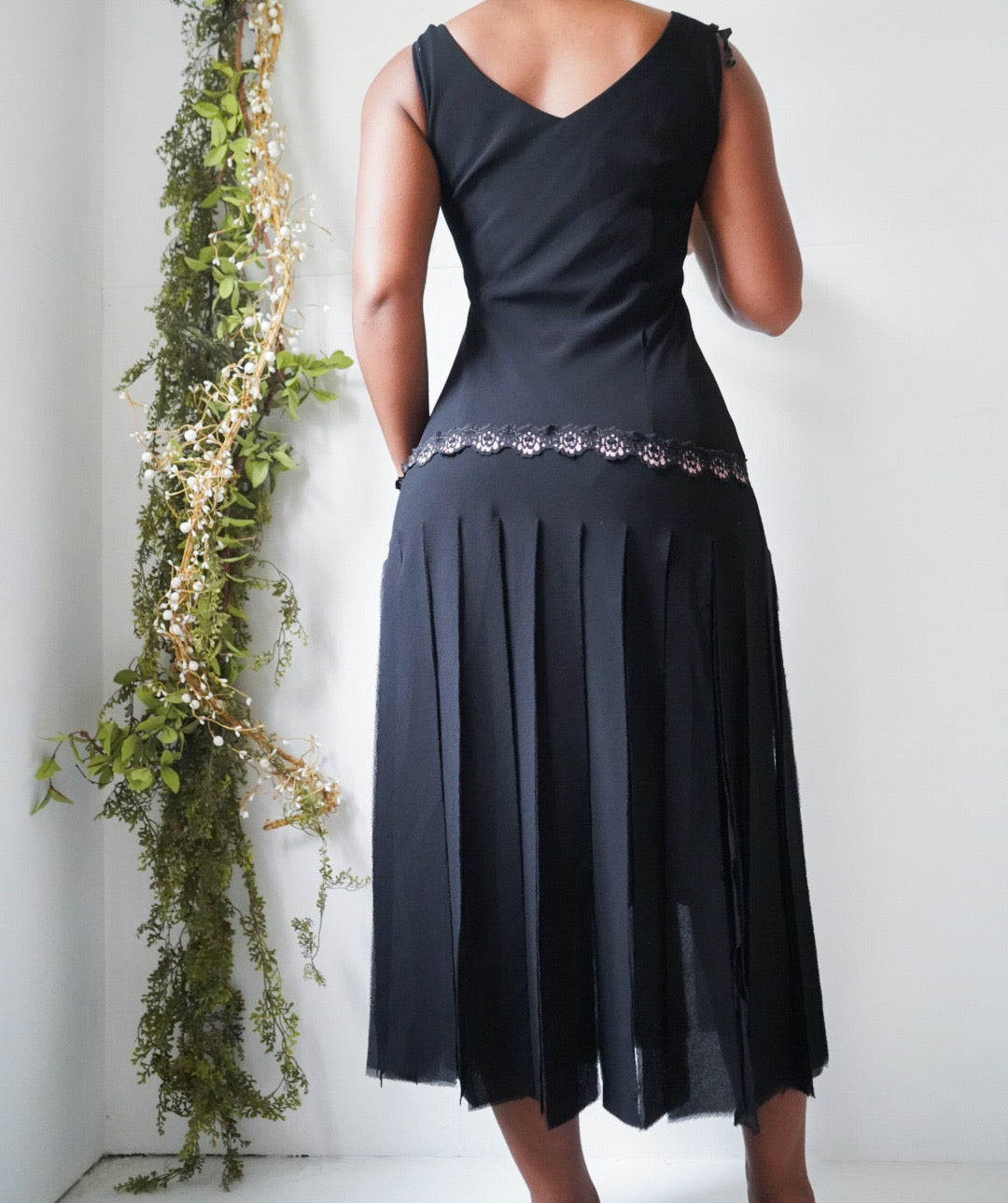 Vintage Y2K Black Fringe Hem Midi Dress
