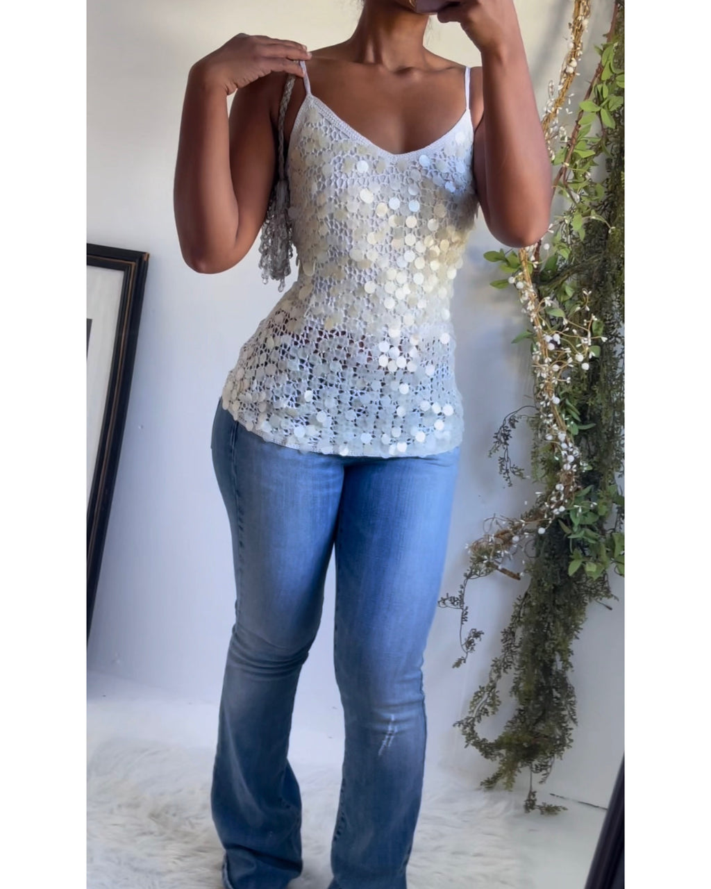 Rare Vintage Y2K Ivory Crochet Sequin Cami