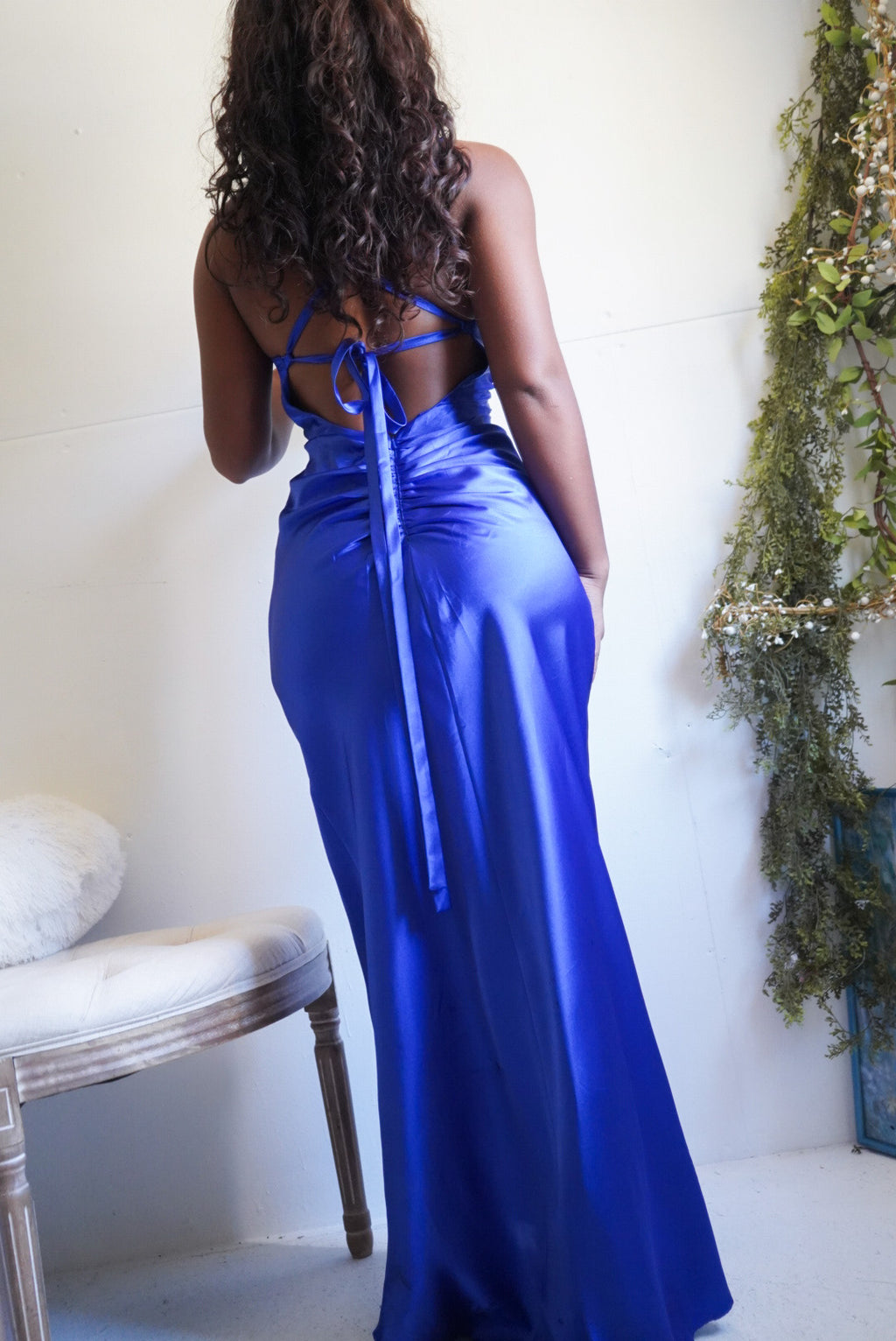 Royal Blue Satin Y2K Backless Gown