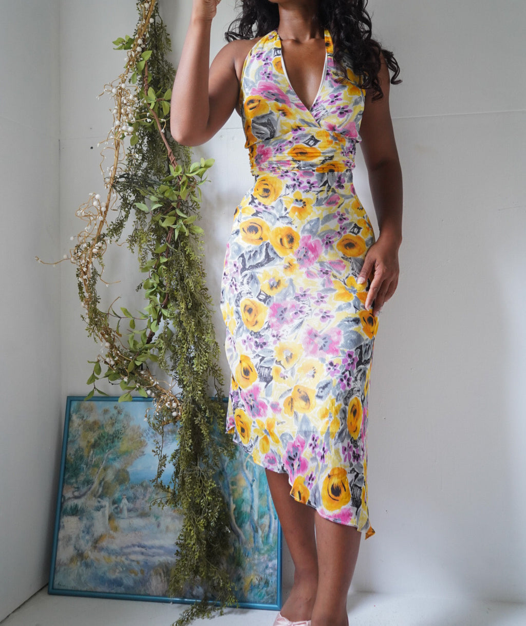 Y2K Watercolor Summer Floral Halter Dress