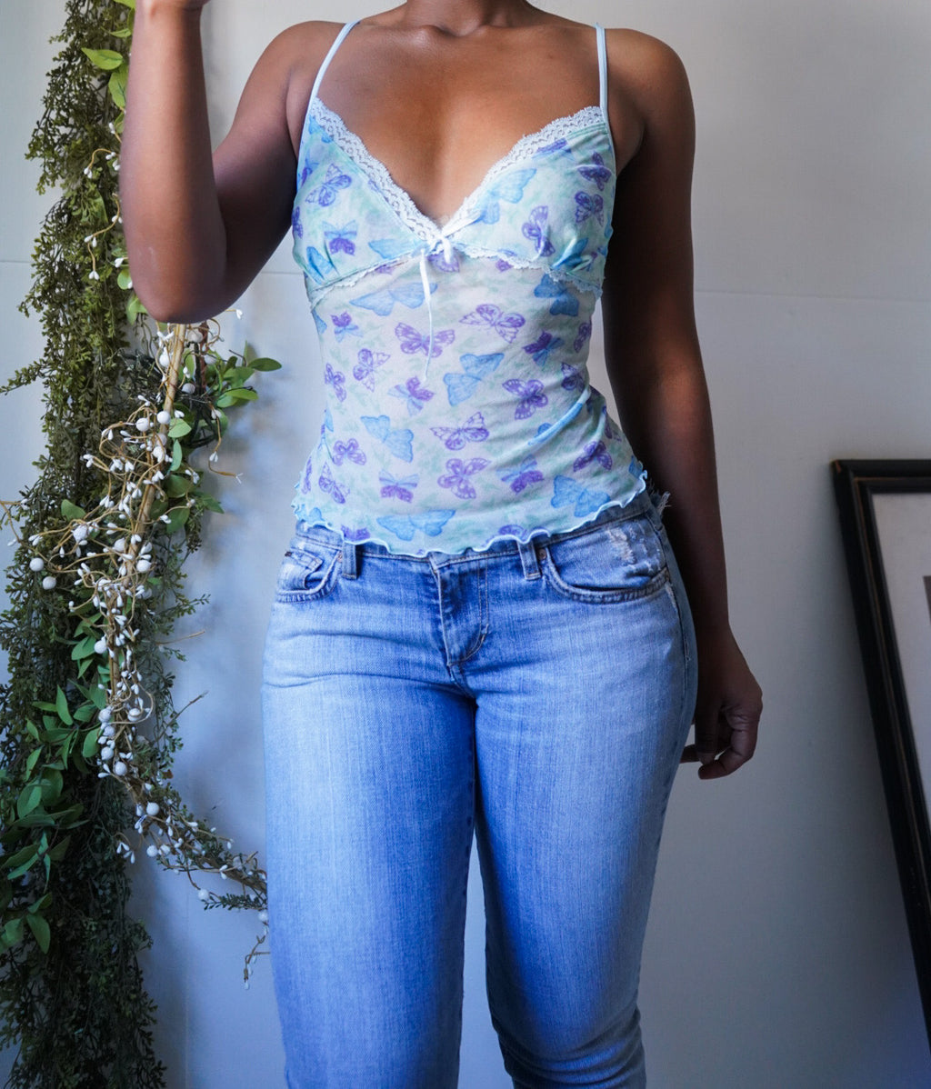 Vintage Blue Butterfly Mesh Cami