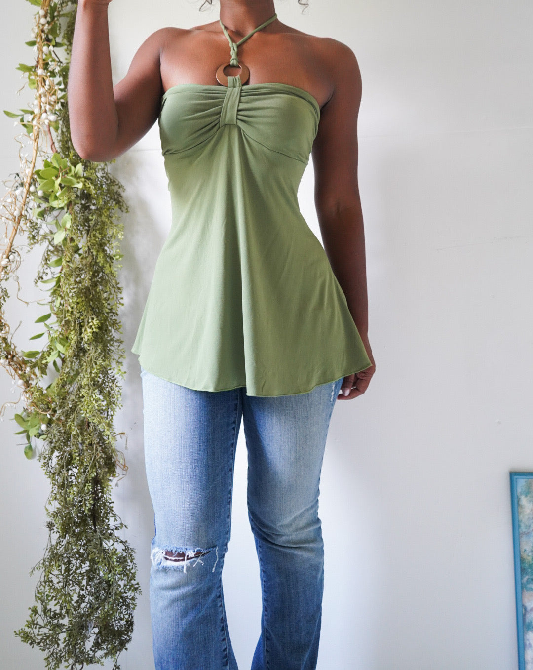 Y2K Forest Green Halter Babydoll Top