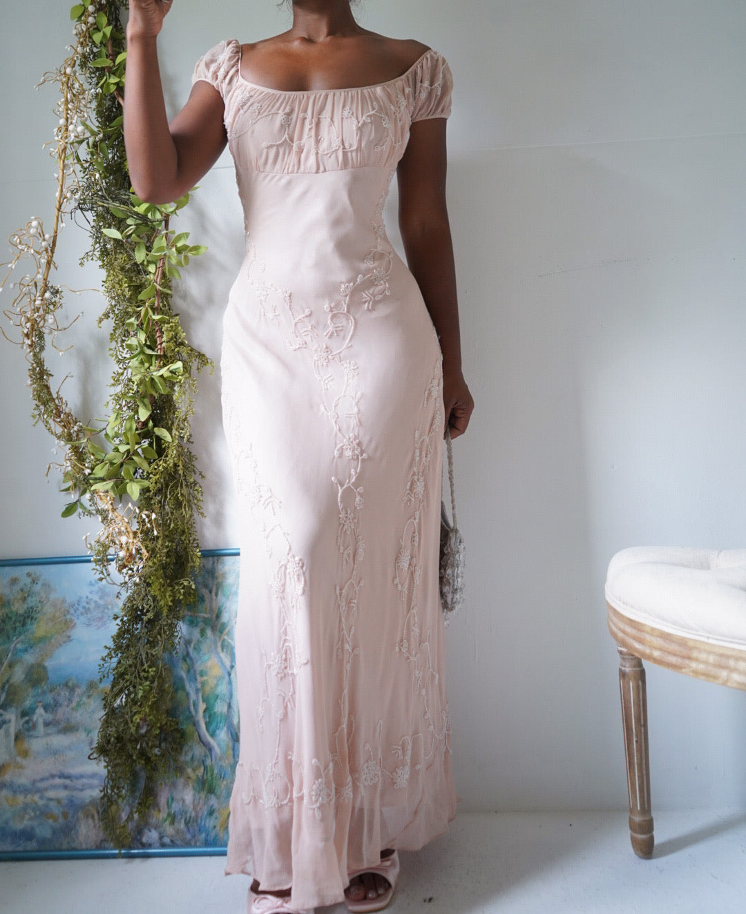 Rare Vintage 90s Silk Milkmaid Blush Nude Beaded Gown